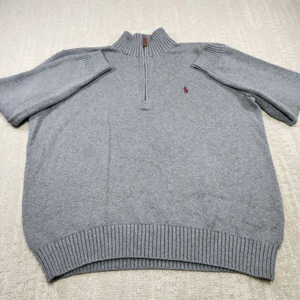 Polo Ralph Lauren Sweater Men Large Gray Heavy Cotton Chunky Knit 1/4 Zip Preppy
